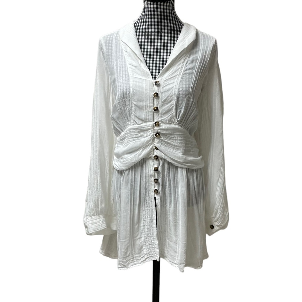 Anthropologie Maeve Isolode Waisted Sheer Rayon Button Front Blouse White SZ 14 - Picture 2 of 11